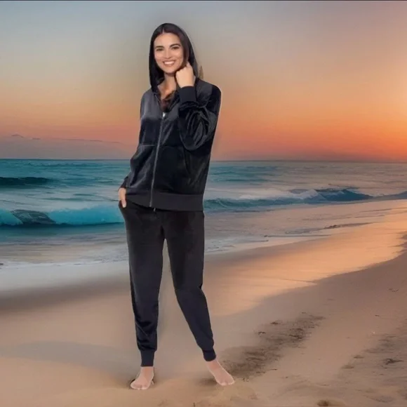 Velour Zip Hoodie & Jogger /Loungewear Set Black Super Soft NWT 2PC Tracksuit - Picture 2 of 5